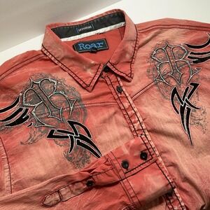 Roar Mens Signature 2XL Shirt Red Embroidered Rock Cotton Button Up Casual Retro